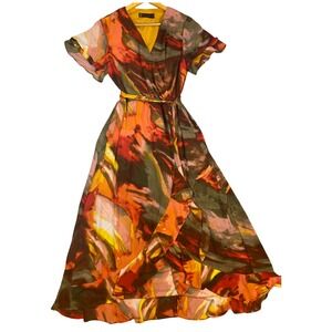 New York & Company Womens Abstract Print Wrap Maxi Dress Orange Yellow Size M